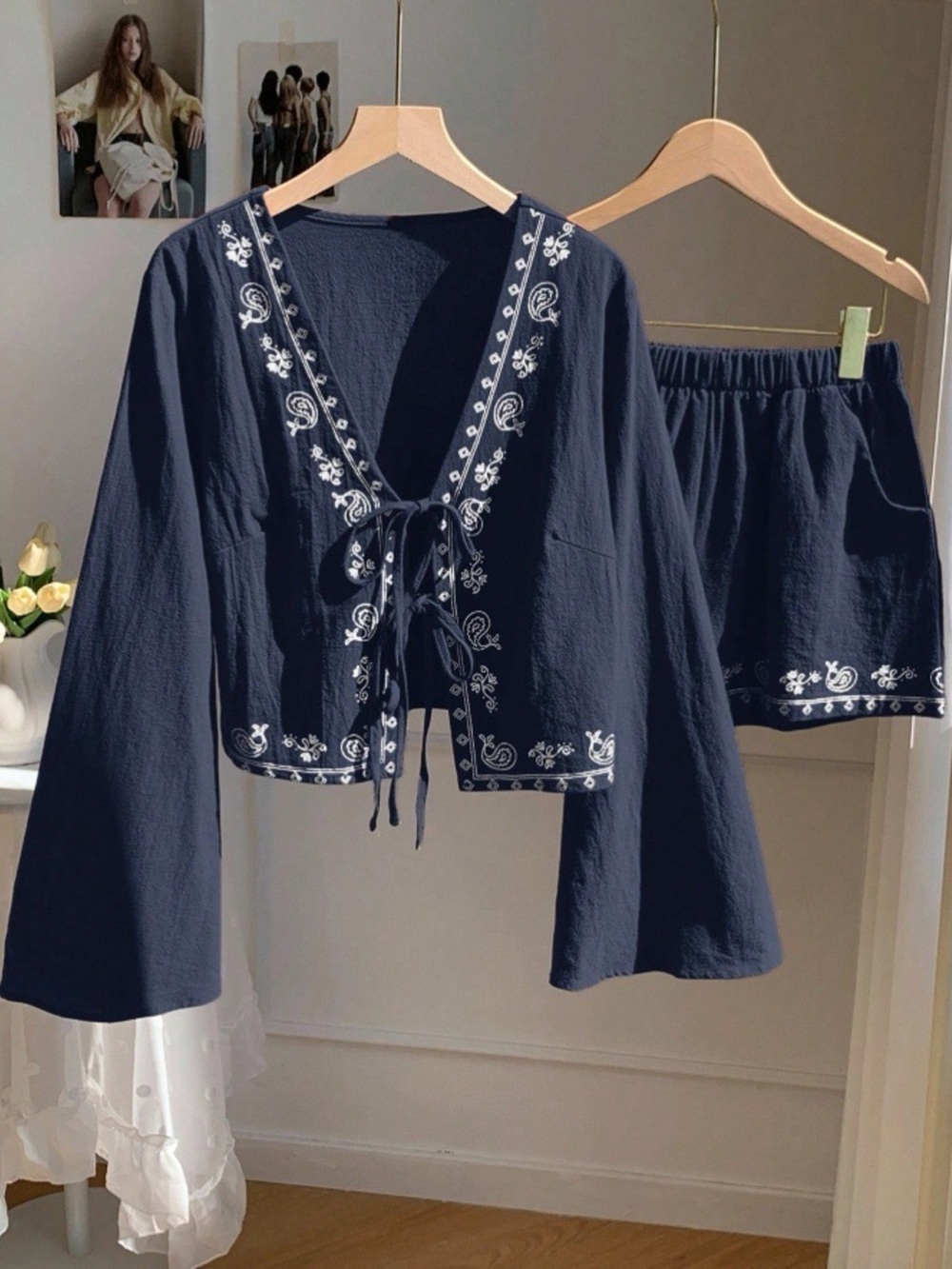 🩵Hello Gorgeous! COTTON Embroidered Tie-Front Top and Pants Set- Navy